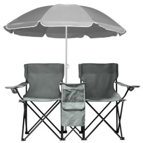 2-Seat Outdoor Folding Chair with Removable Umbrella for Beach, Camping and Fishing, Gray