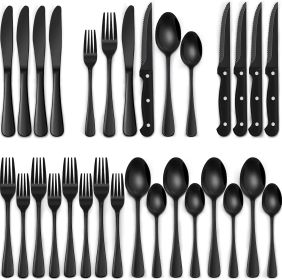 24-Piece Black Silverware Set with Steak Knives, Black Flatware Set for 4, Food-Grade Stainless Steel Tableware Cutlery Set